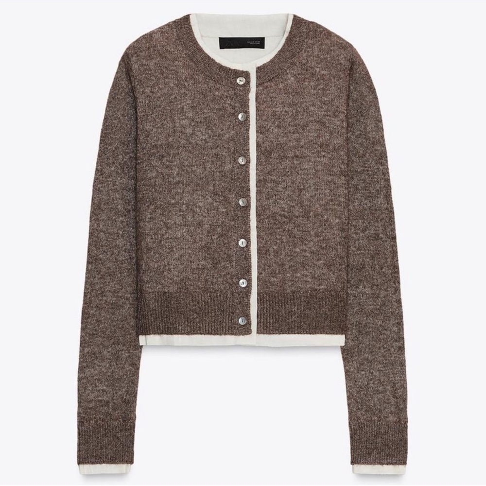 Zara Combination Knit Wool Blend, Cotton Lined Cardigan Sweater. Mink. L NWT - Picture 3 of 12